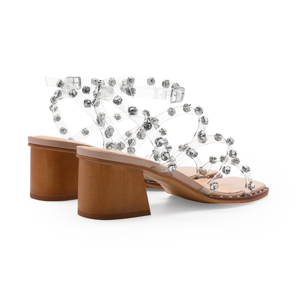 Clear Rhinestone Strappy Chunky Heels - CLEAR RHINESTONE - 4